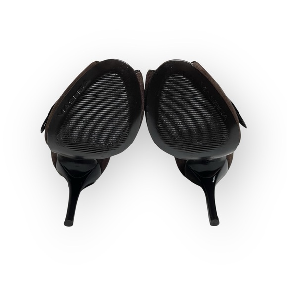 new Via Spiga ༄ Peep Toe Stiletto Heel Bow Pumps ༄ Suede Patent Leather ༄ Brown - Picture 11 of 16